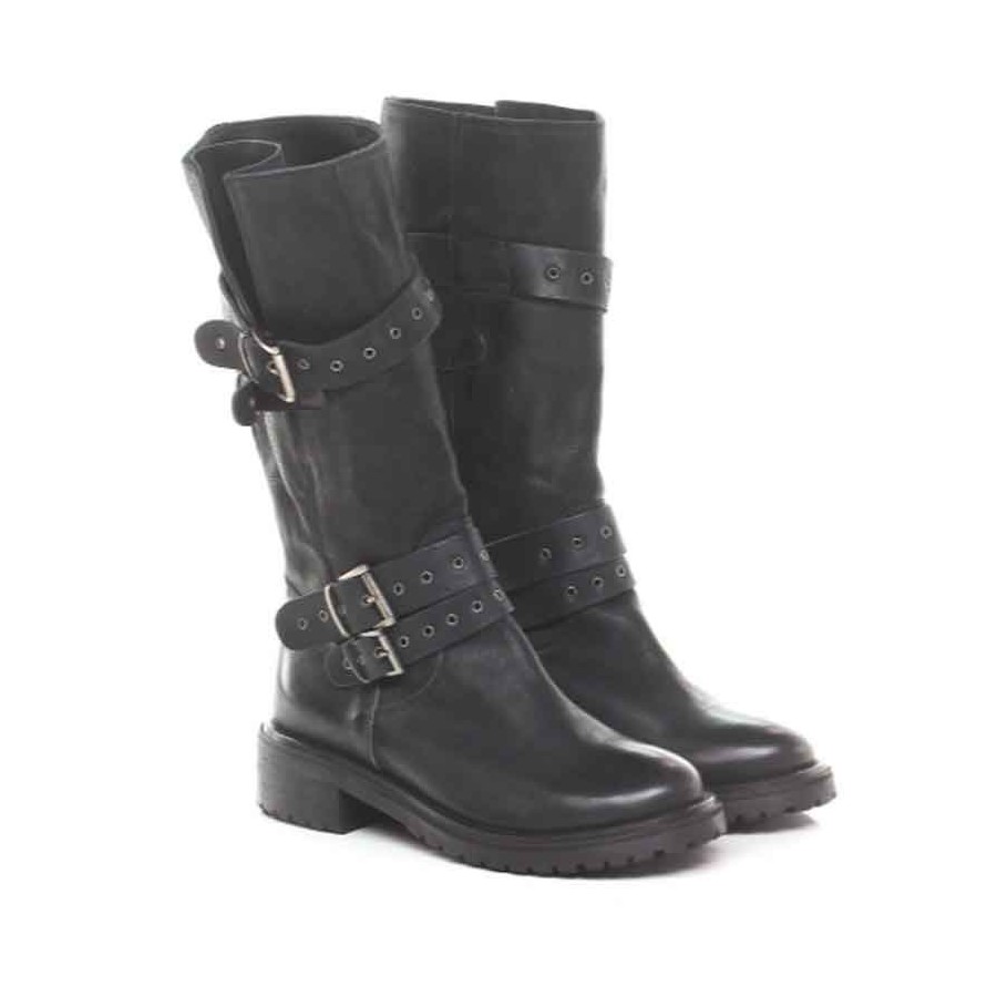 Lemarè tronchetto donna in pelle nera con borchie frontali chiusa con zip