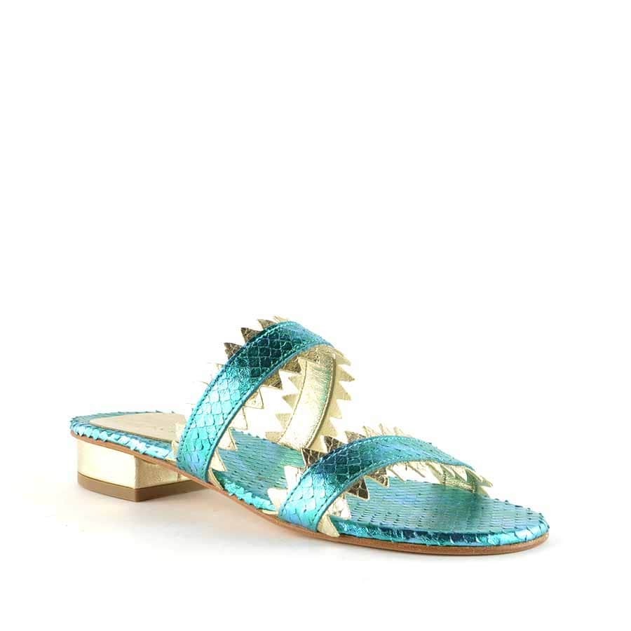 Rago collection sandalo flat ciabattina due fasce pelle stampa pitone verde