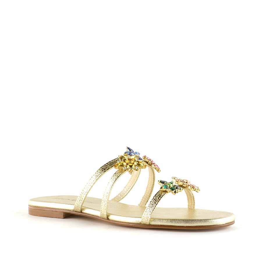 Rago collection sandalo flat monaco tre fasce oro metallizzato stelle swarovski