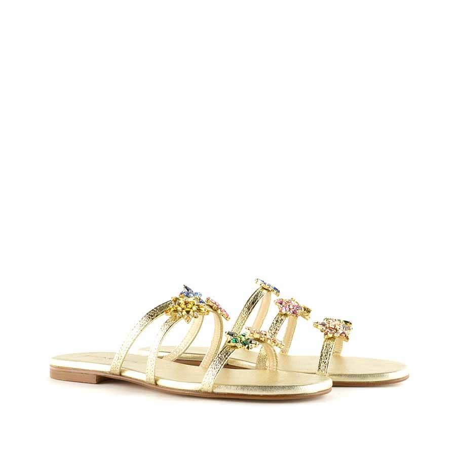 Rago collection sandalo flat monaco tre fasce oro metallizzato stelle swarovski