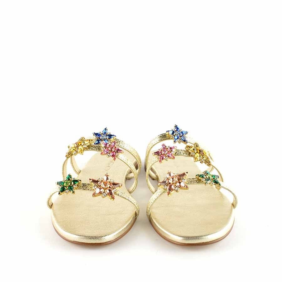 Rago collection sandalo flat monaco tre fasce oro metallizzato stelle swarovski