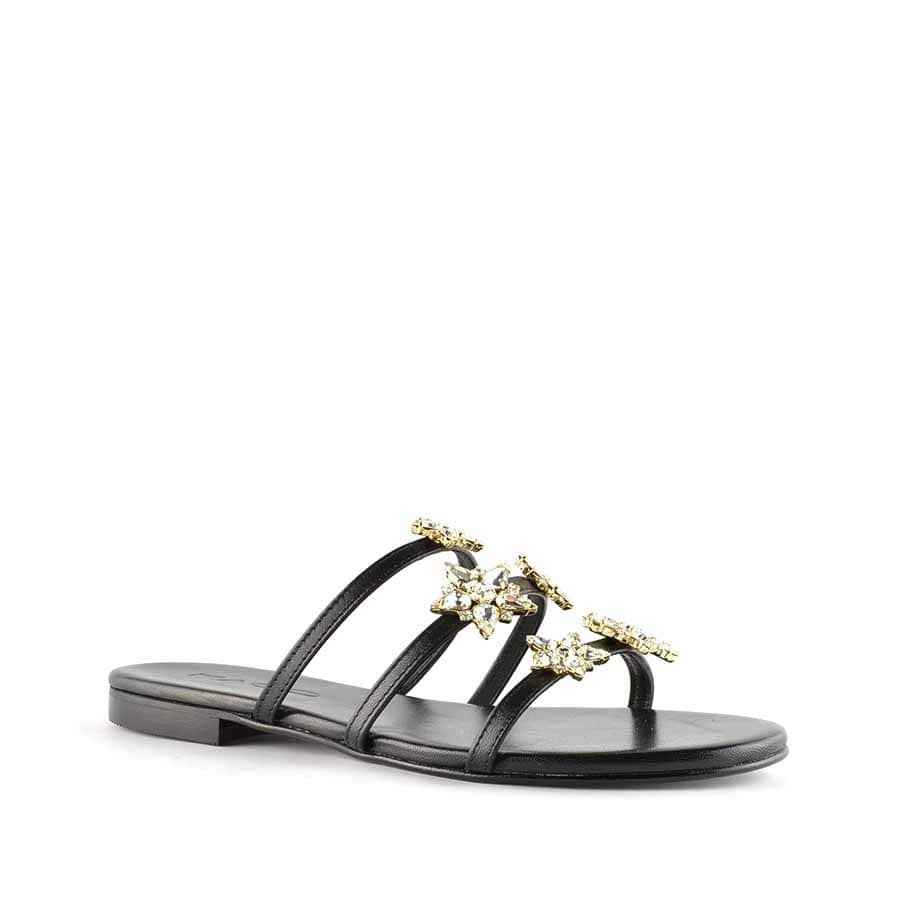 Rago collection sandalo flat monaco tre fasce pelle nero stelle swarovski