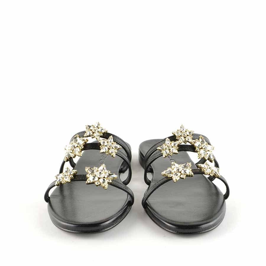 Rago collection sandalo flat monaco tre fasce pelle nero stelle swarovski