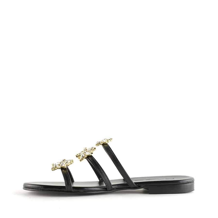 Rago collection sandalo flat monaco tre fasce pelle nero stelle swarovski