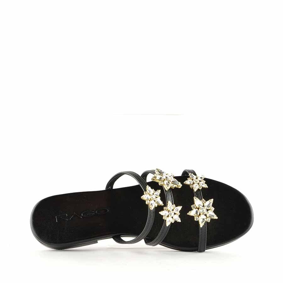 Rago collection sandalo flat monaco tre fasce pelle nero stelle swarovski