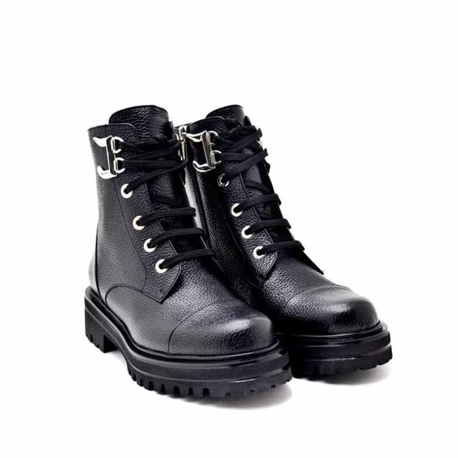 Rago anfibio donna stringato pelle nera decorazione metallica