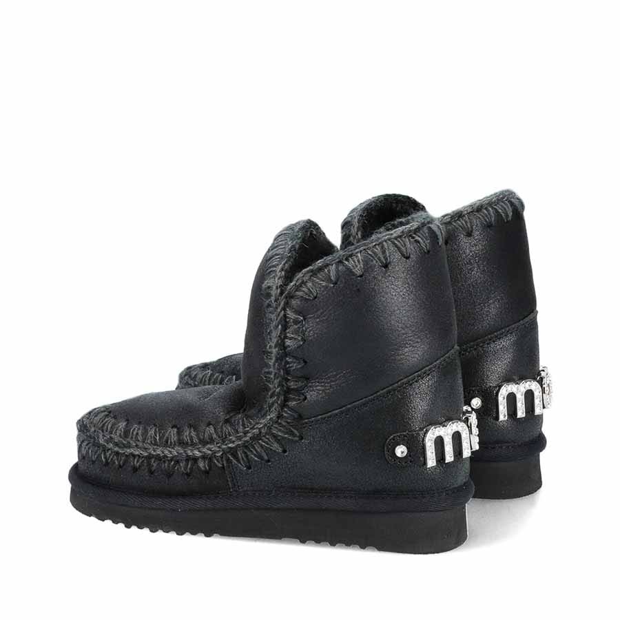 Mou eskimo 18 ankle boot  sheepskin cracked black rhinestones logo