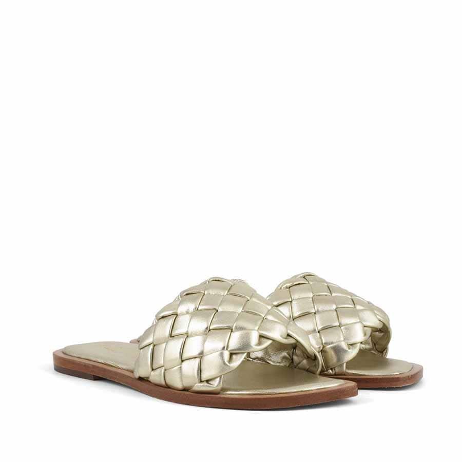 Coral Blue gold woven slide mules
