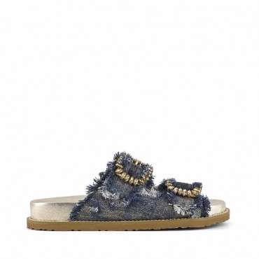 Coral Blue birkenstock slide double fringed denim jewel band