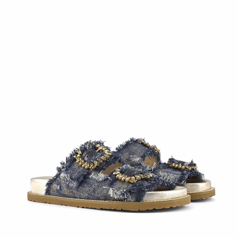 Coral Blue birkenstock slide doppia fascia gioiello denim sfangiato