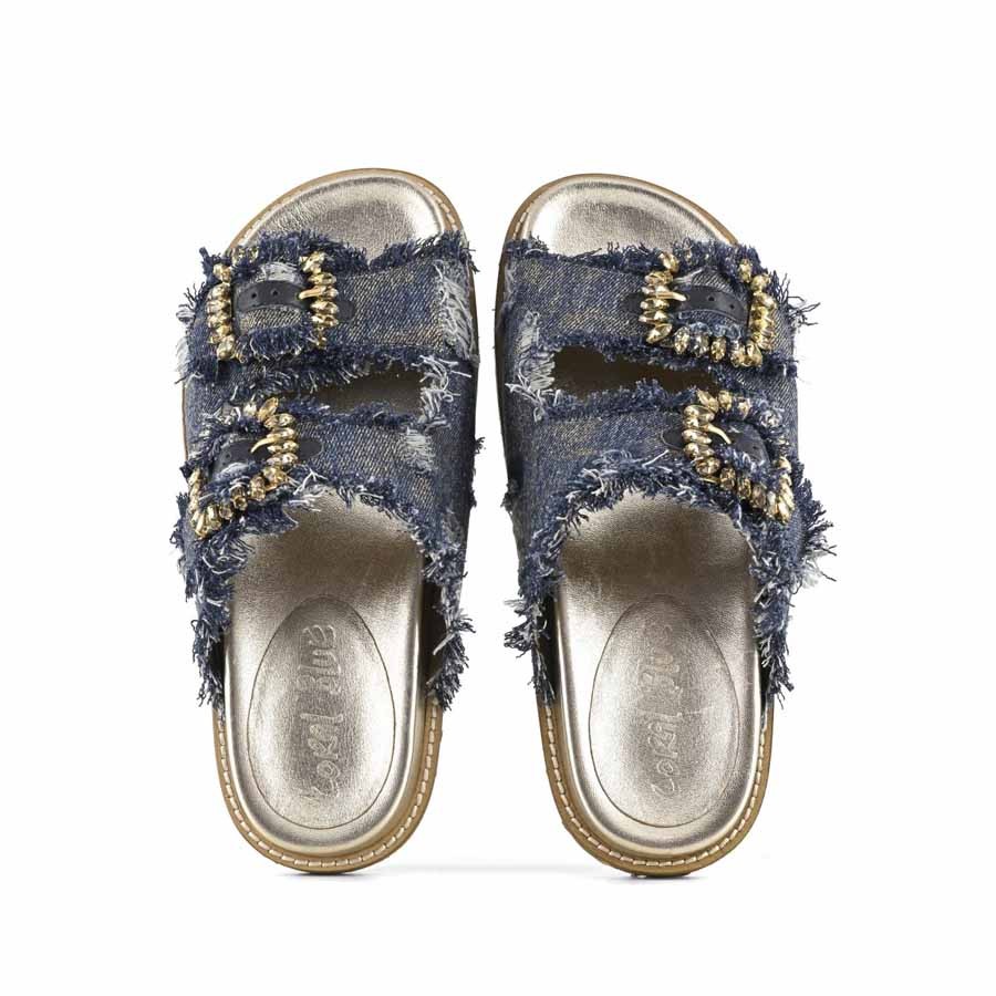 Coral Blue birkenstock slide doppia fascia gioiello denim sfangiato