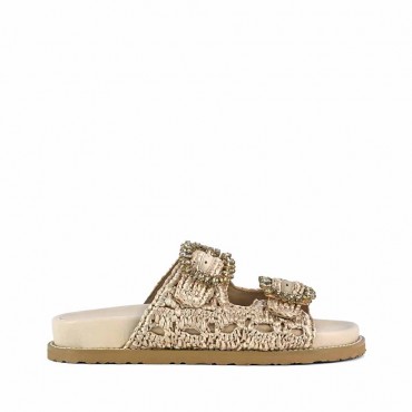 Coral Blue birkenstock slidedoppia fascia gioiello raffia natural