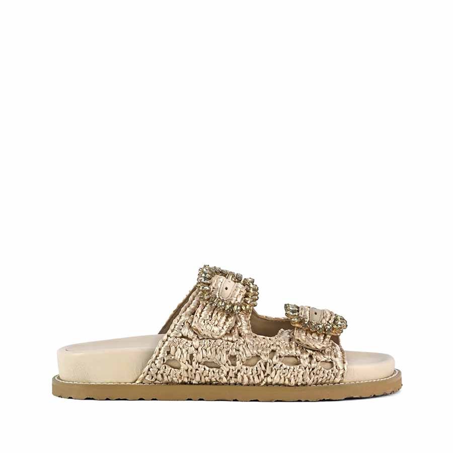 Coral Blue birkenstock slidedoppia fascia gioiello raffia natural
