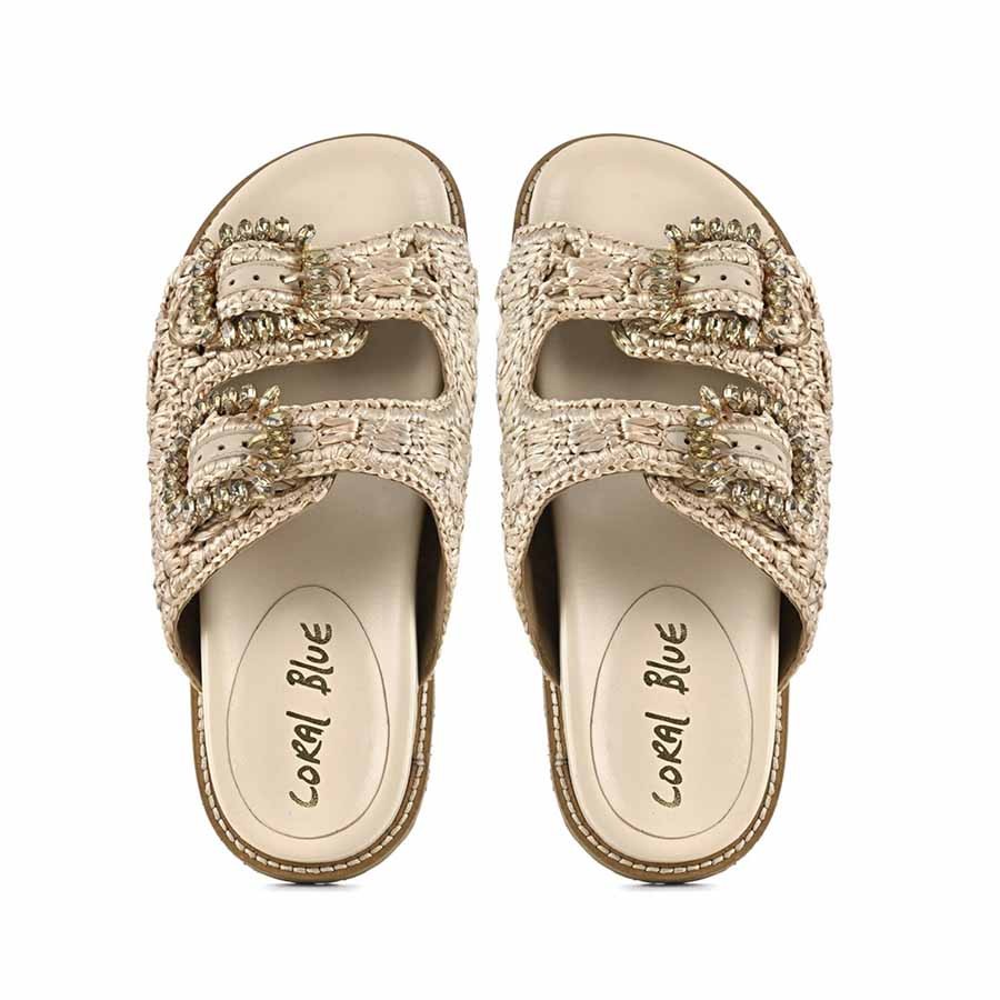 Coral Blue birkenstock slidedoppia fascia gioiello raffia natural