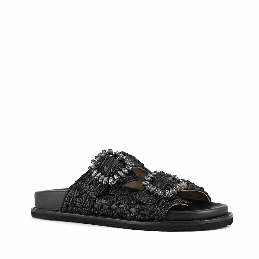 Coral Blue birkenstock slidedoppia fascia gioiello raffia nero