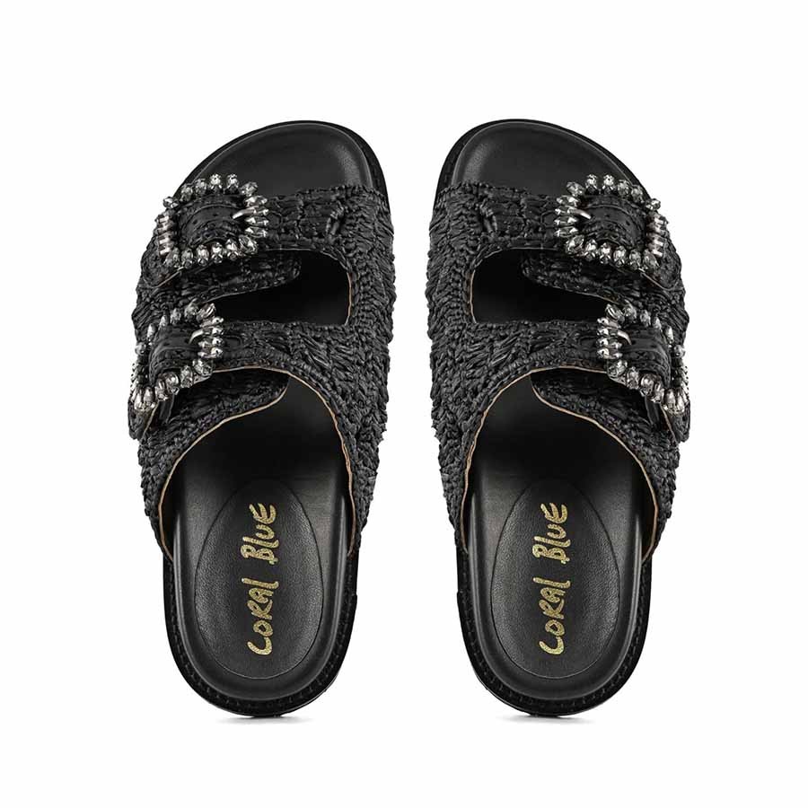 Coral Blue birkenstock slide double band jewel raffia black