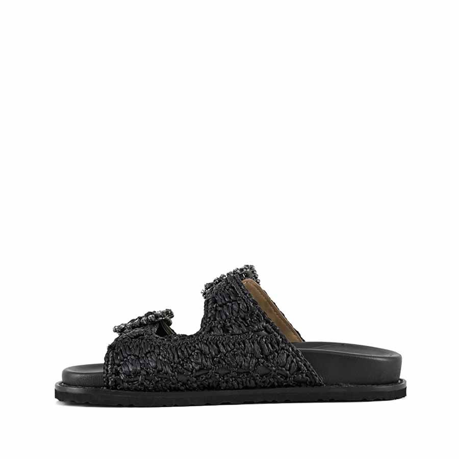 Coral Blue birkenstock slide double band jewel raffia black