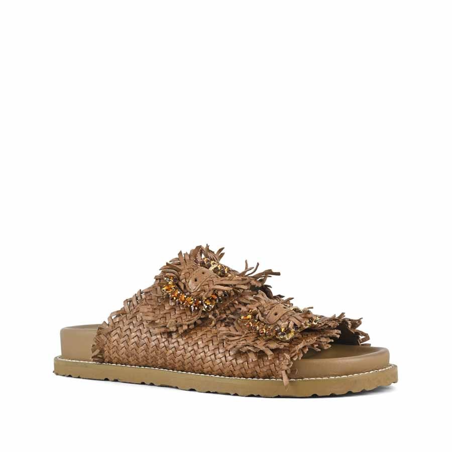 Coral Blue birkenstock slidedoppia fascia gioiello cognac
