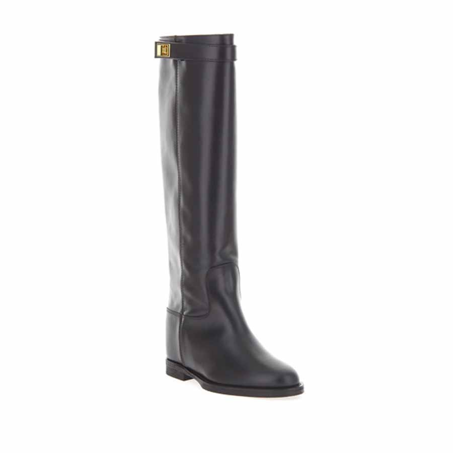 VIA ROMA 15 inner wedge boot in black leather and gold buckle