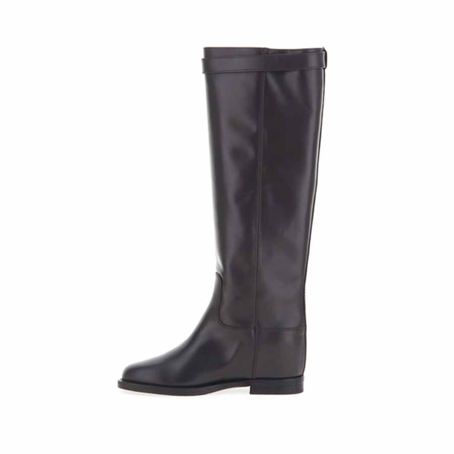 VIA ROMA 15 inner wedge boot in black leather and gold buckle