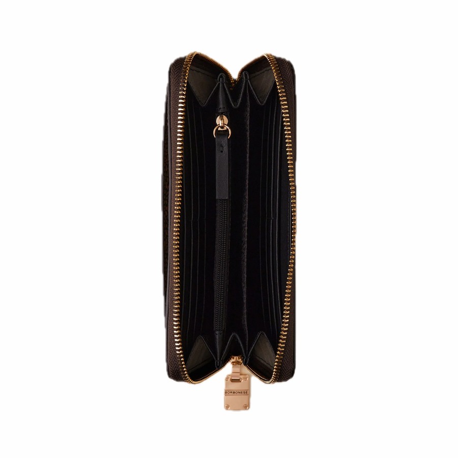Borbonese large zip-around wallet in natural OP coated canvas and black leather
