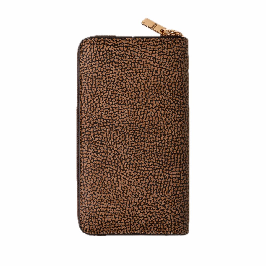 Borbonese large zip-around wallet in natural OP coated canvas and black leather