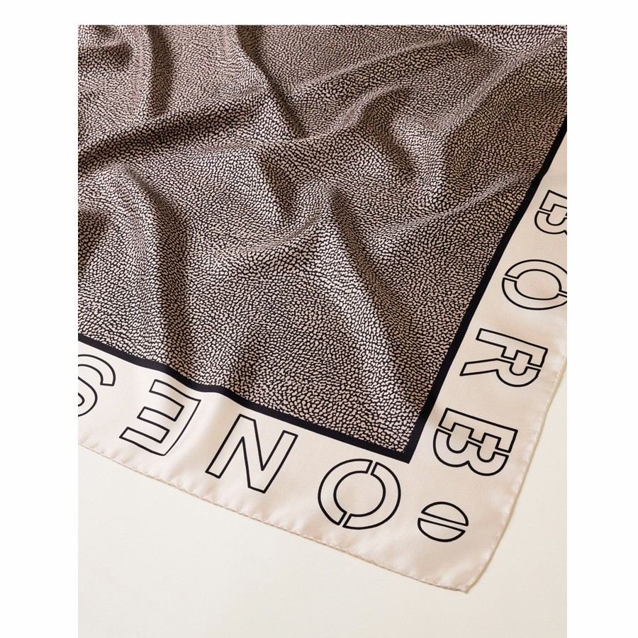 Borbonese Oplogo outline chantilly cream silk twill scarf