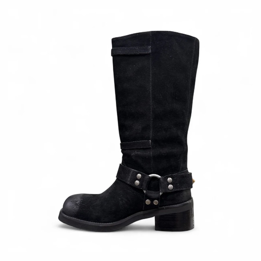 Coral blue black suede biker boot