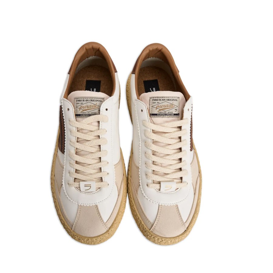 PURAAI Men's vintage leather sneakers white brown