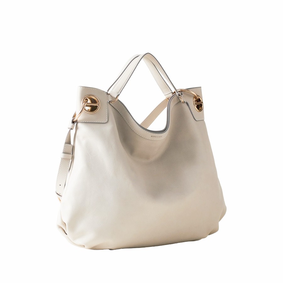 Borbonese London Large Leather Shopping Bag in White Cotton