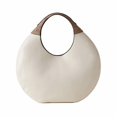 Borbonese borsa hobo large Full Moon pelle White Cotton Cuoio