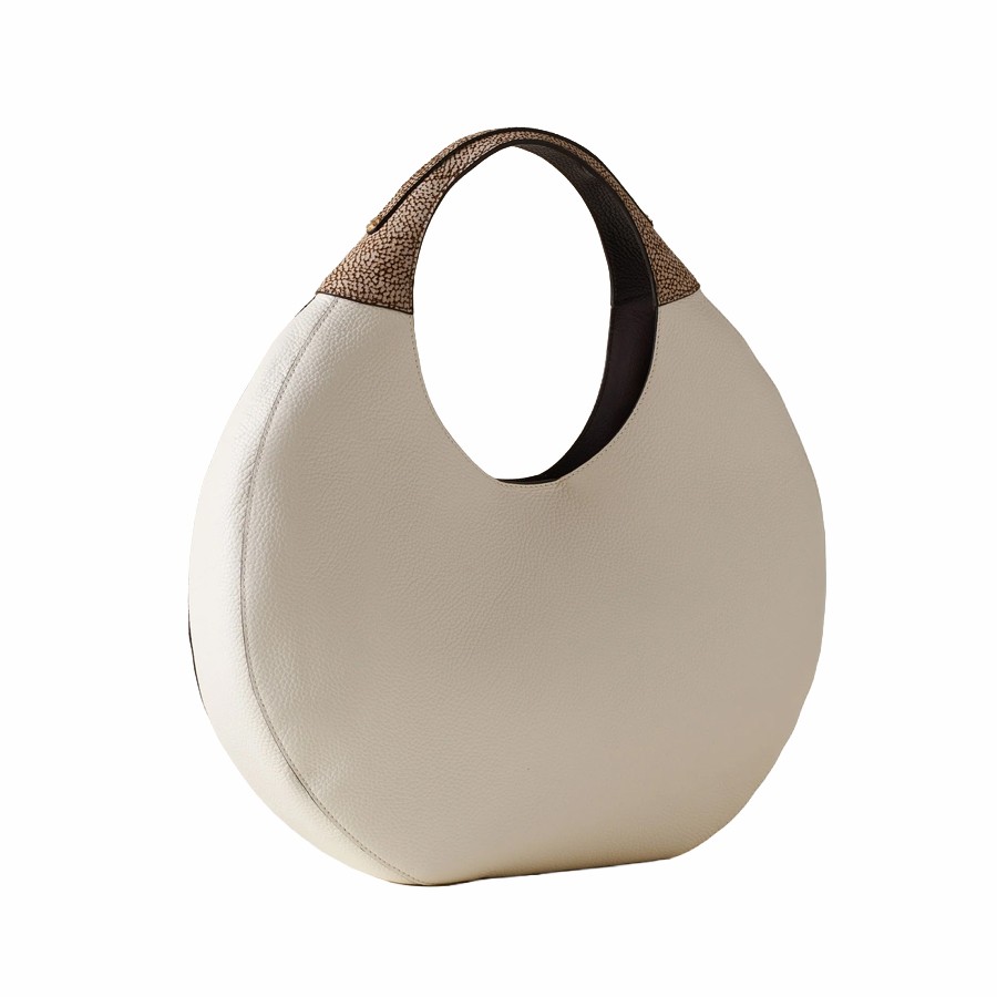Borbonese Full Moon Large Hobo Bag in White Cotton Leather