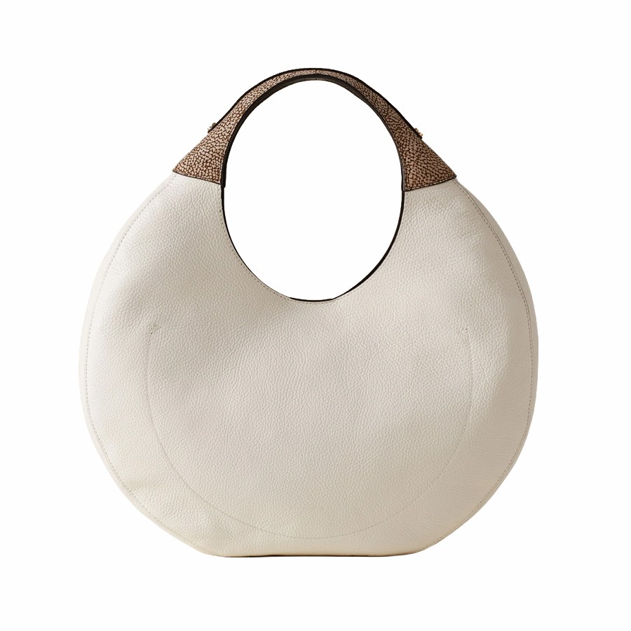 Borbonese Full Moon Large Hobo Bag in White Cotton Leather