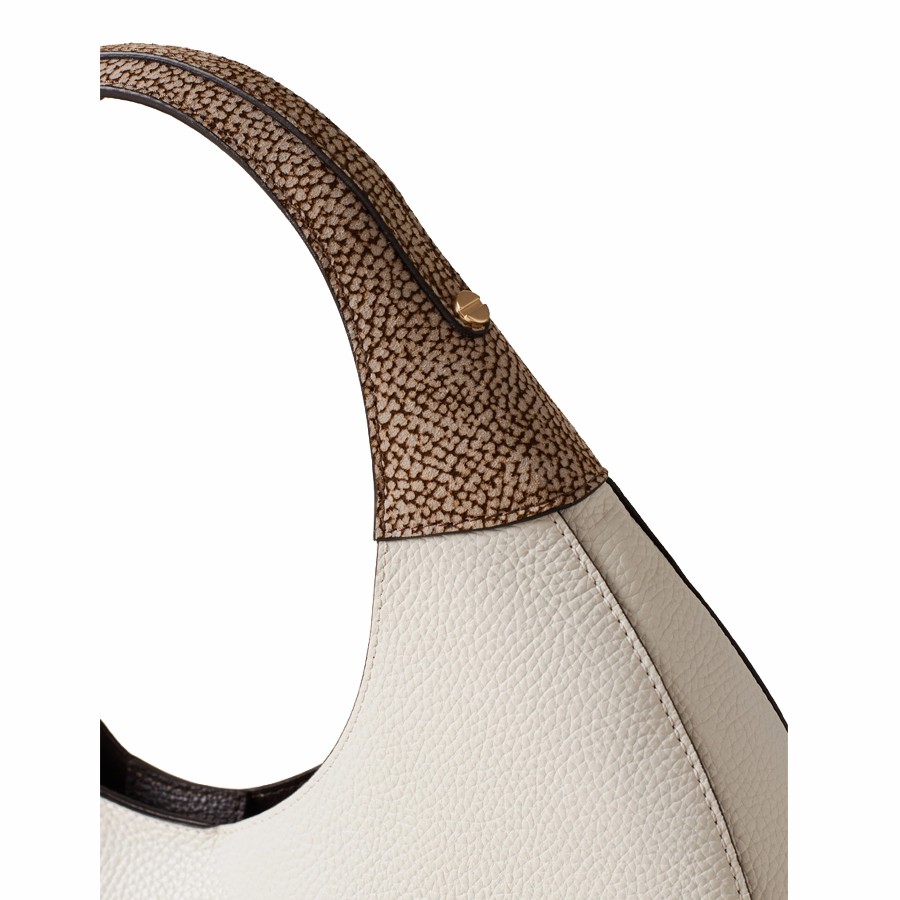 Borbonese borsa hobo large Full Moon pelle White Cotton Cuoio