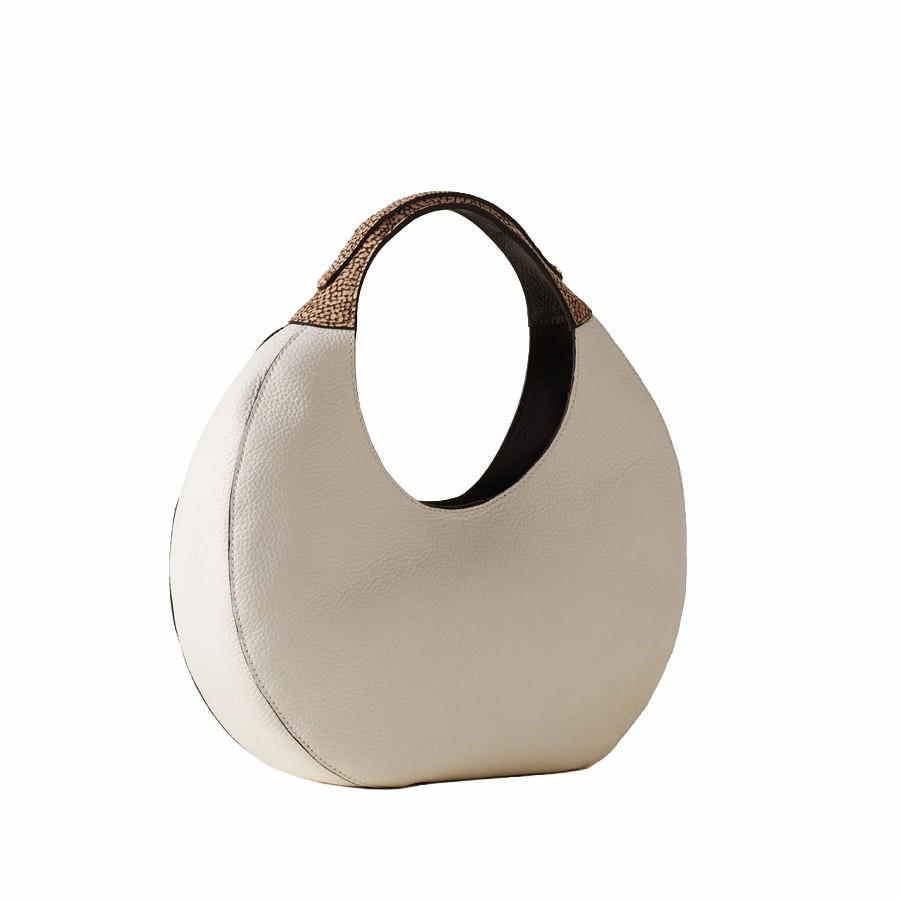 Borbonese borsa hobo medium Full Moon pelle White Cotton Cuoio