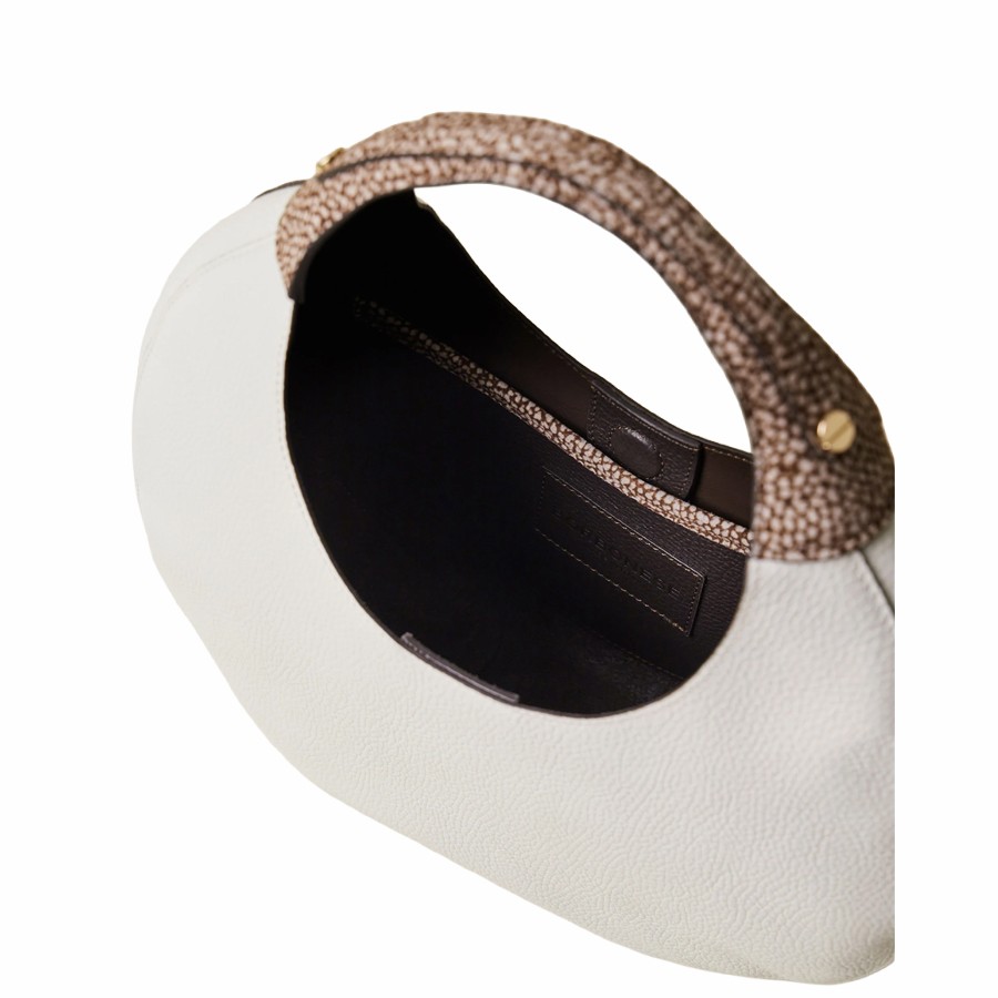 Borbonese borsa hobo medium Full Moon pelle White Cotton Cuoio