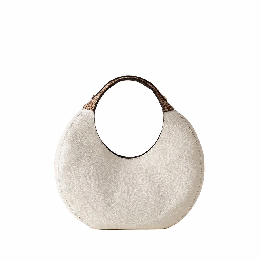 Borbonese Full Moon Medium Hobo Bag in White Cotton Leather
