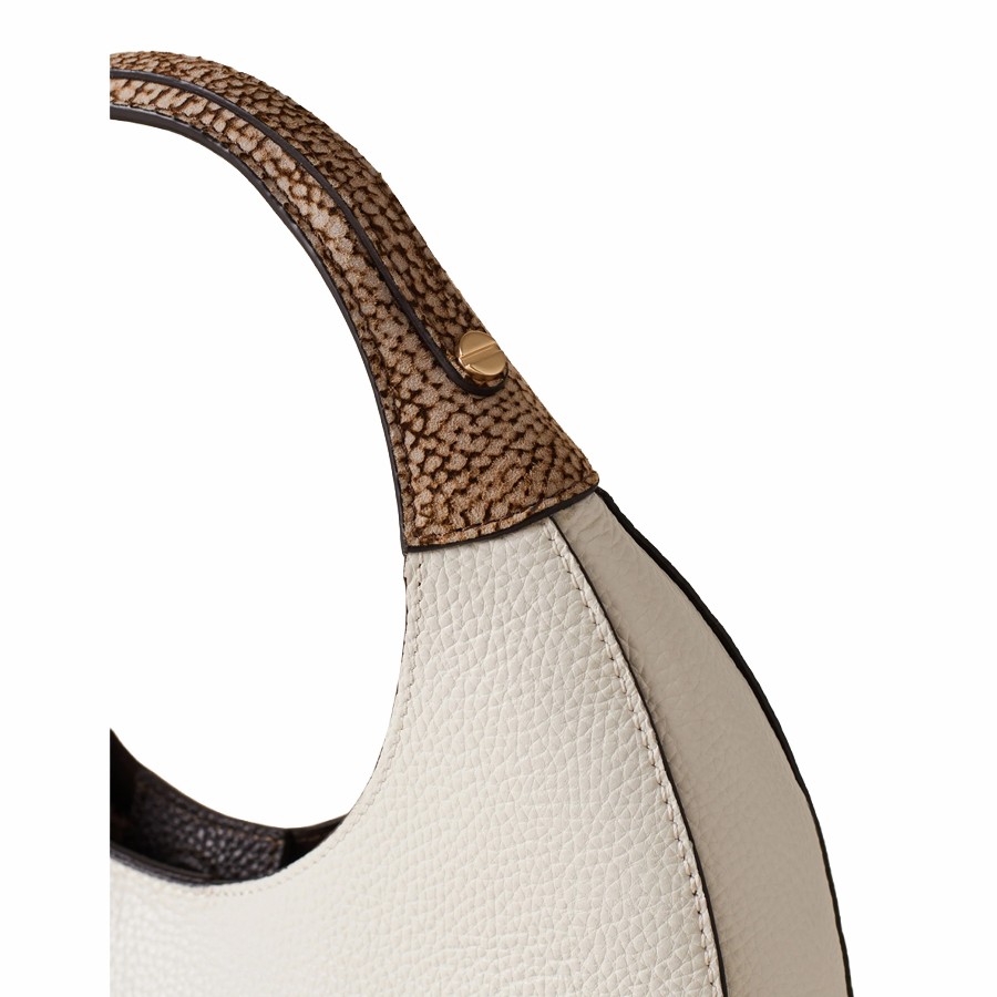 Borbonese borsa hobo medium Full Moon pelle White Cotton Cuoio