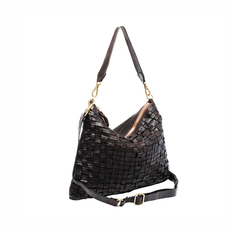 Campomaggi Carla large one-shoulder bag in dark brown woven leather