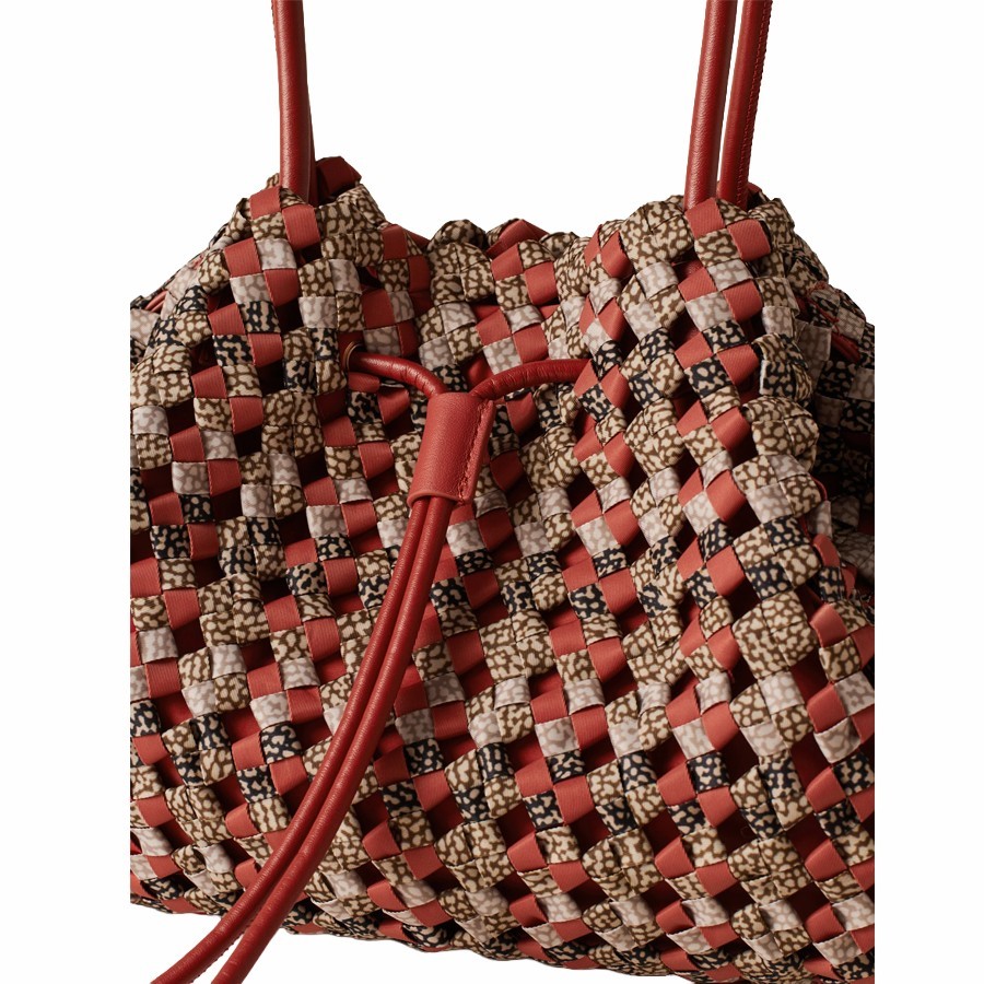 Borbonese medium shopping bag La Nido recycled fabric Op Multicolor Red papaya