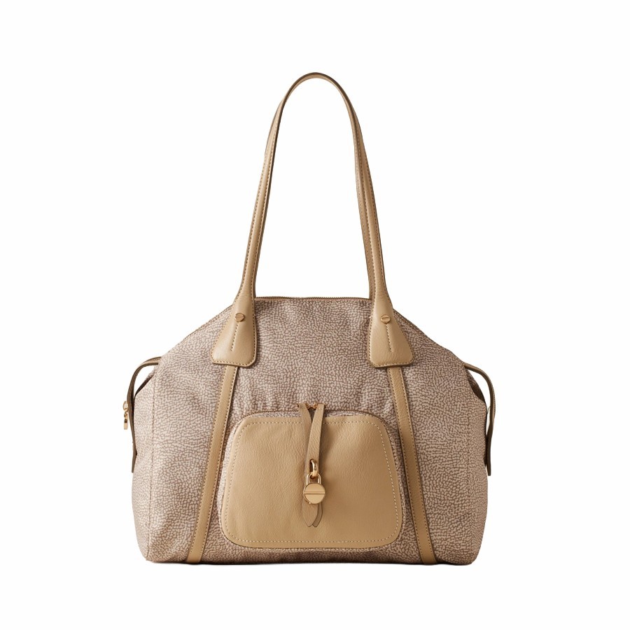 Borbonese borsa shopping medium Poche tessuto Op e Pelle sabbia