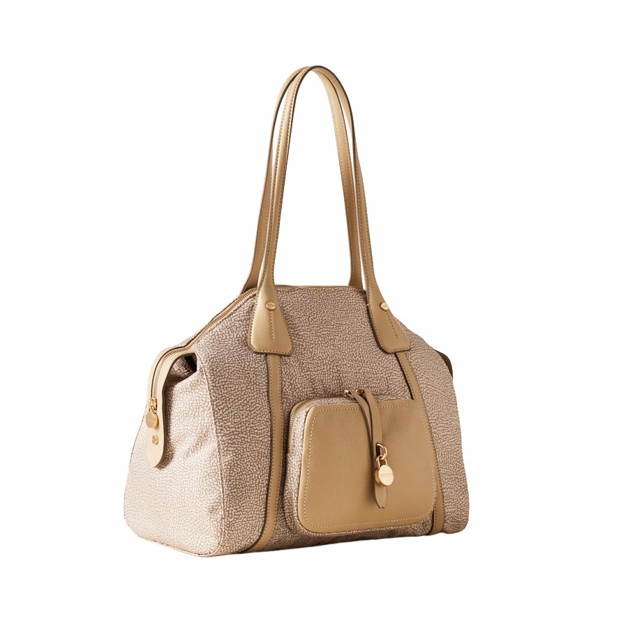 Borbonese medium shopping bag Poche Op fabric and sand leather