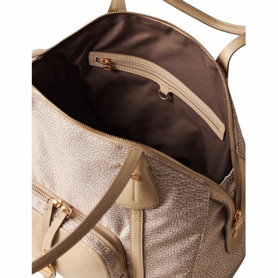 Borbonese medium shopping bag Poche Op fabric and sand leather
