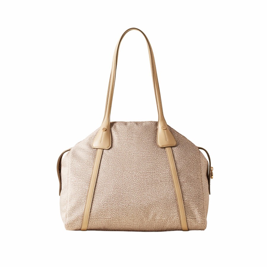Borbonese medium shopping bag Poche Op fabric and sand leather