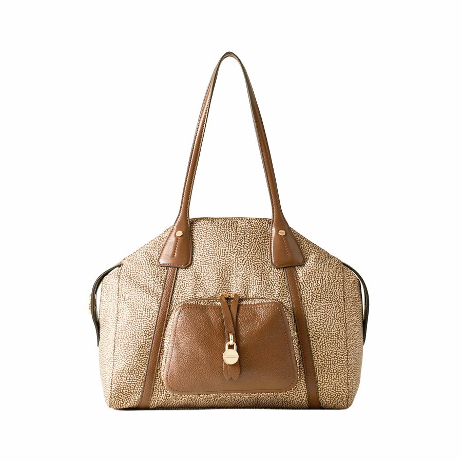 POCHE BORSA SHOPPING MEDIUMBorsa a spalla in Tessuto ricicalto Op e Pelle BEIGE/MARRONE