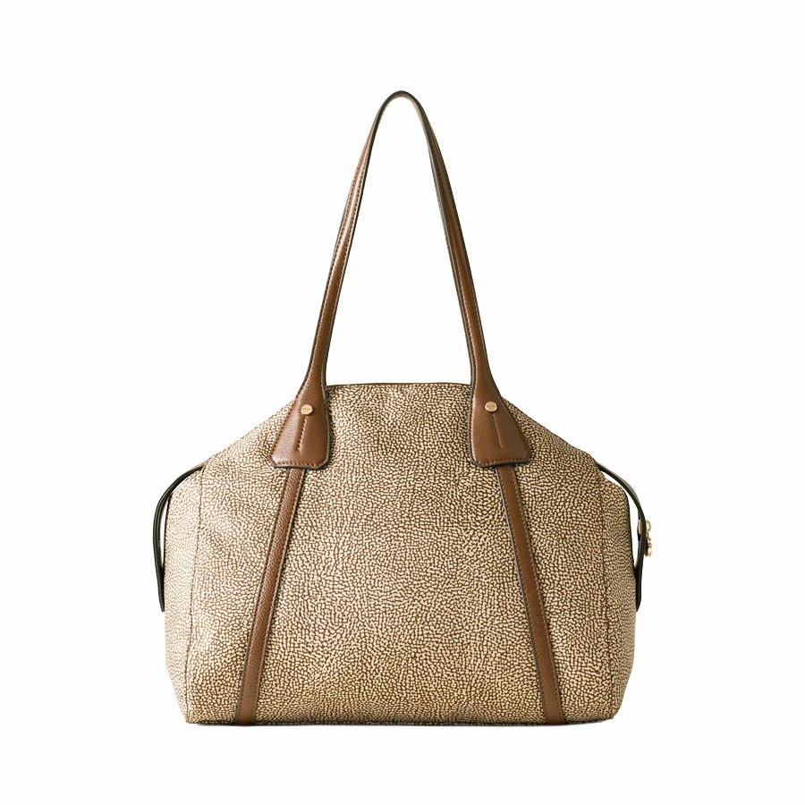 Borbonese borsa shopping medium Poche tessuto Op beige Pelle marrone