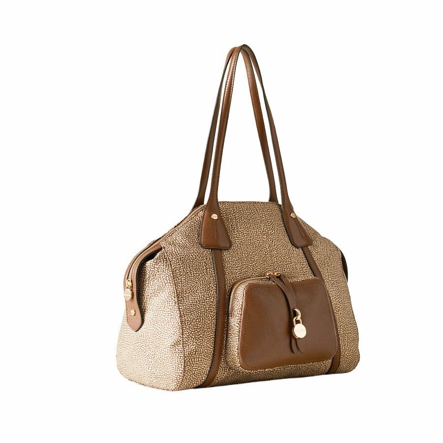 Borbonese borsa shopping medium Poche tessuto Op beige Pelle marrone