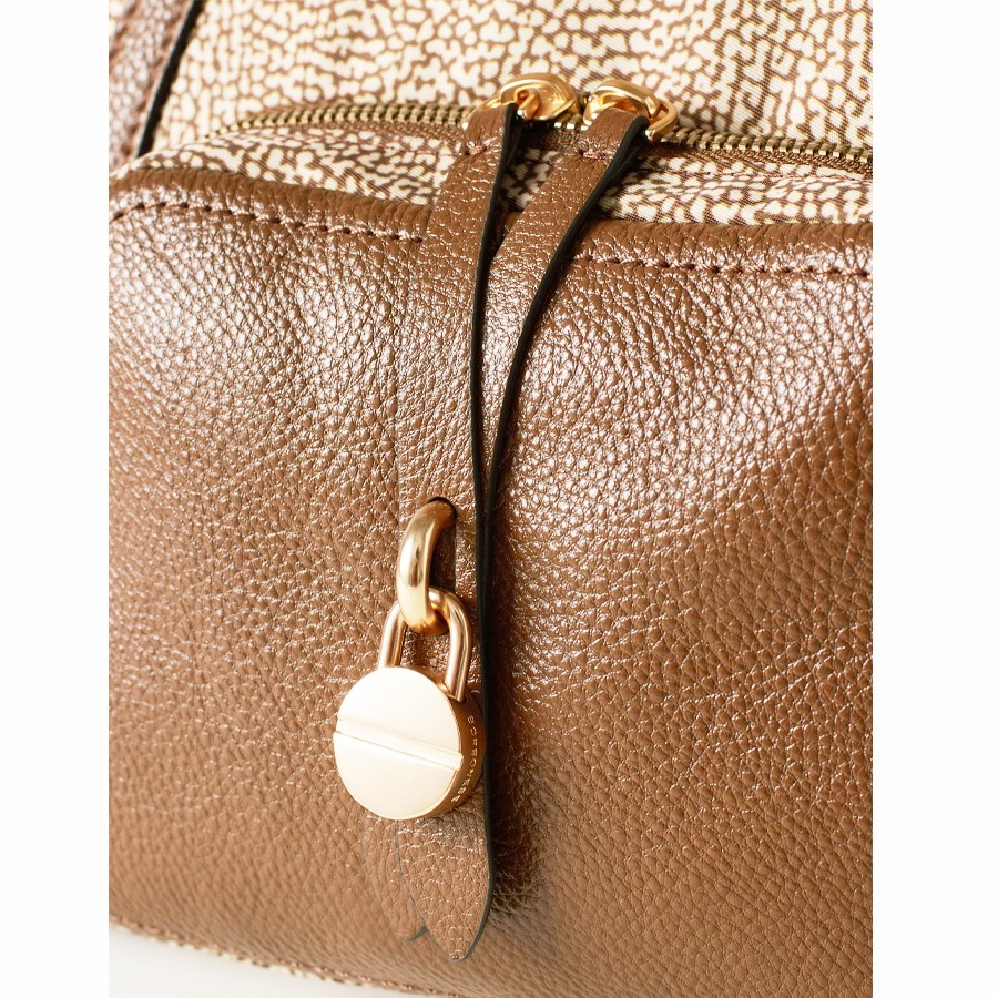 Borbonese borsa shopping medium Poche tessuto Op beige Pelle marrone