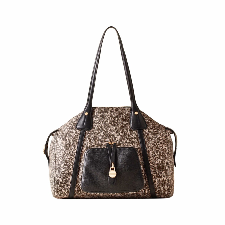 Borbonese borsa shopping medium Poche tessuto Op naturale Pelle nero