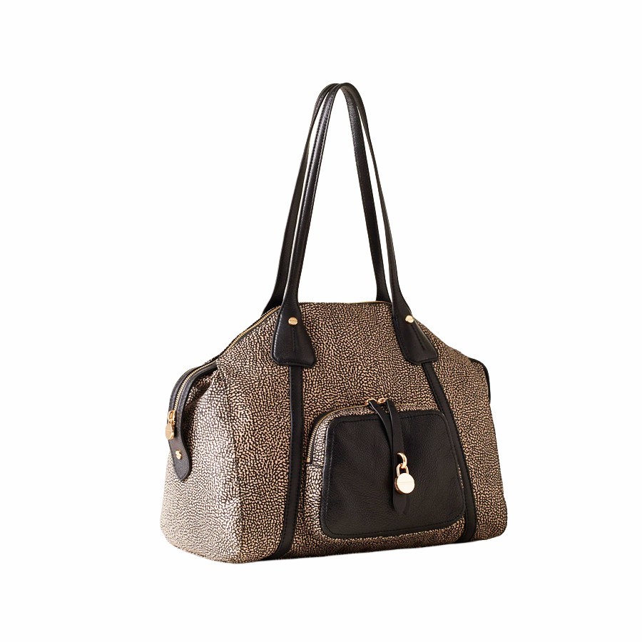 Borbonese medium shopping bag Poche natural Op fabric black leather